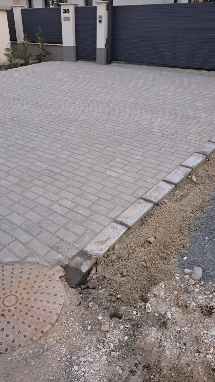Halszálka mintás világosszürke térköves kocsibeálló modern kapunál